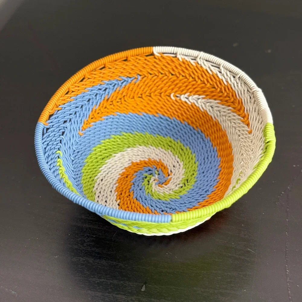 Zulu Telephone Wire Basket Spiral Design Small Woven Bowl Orange Blue Green 4.5